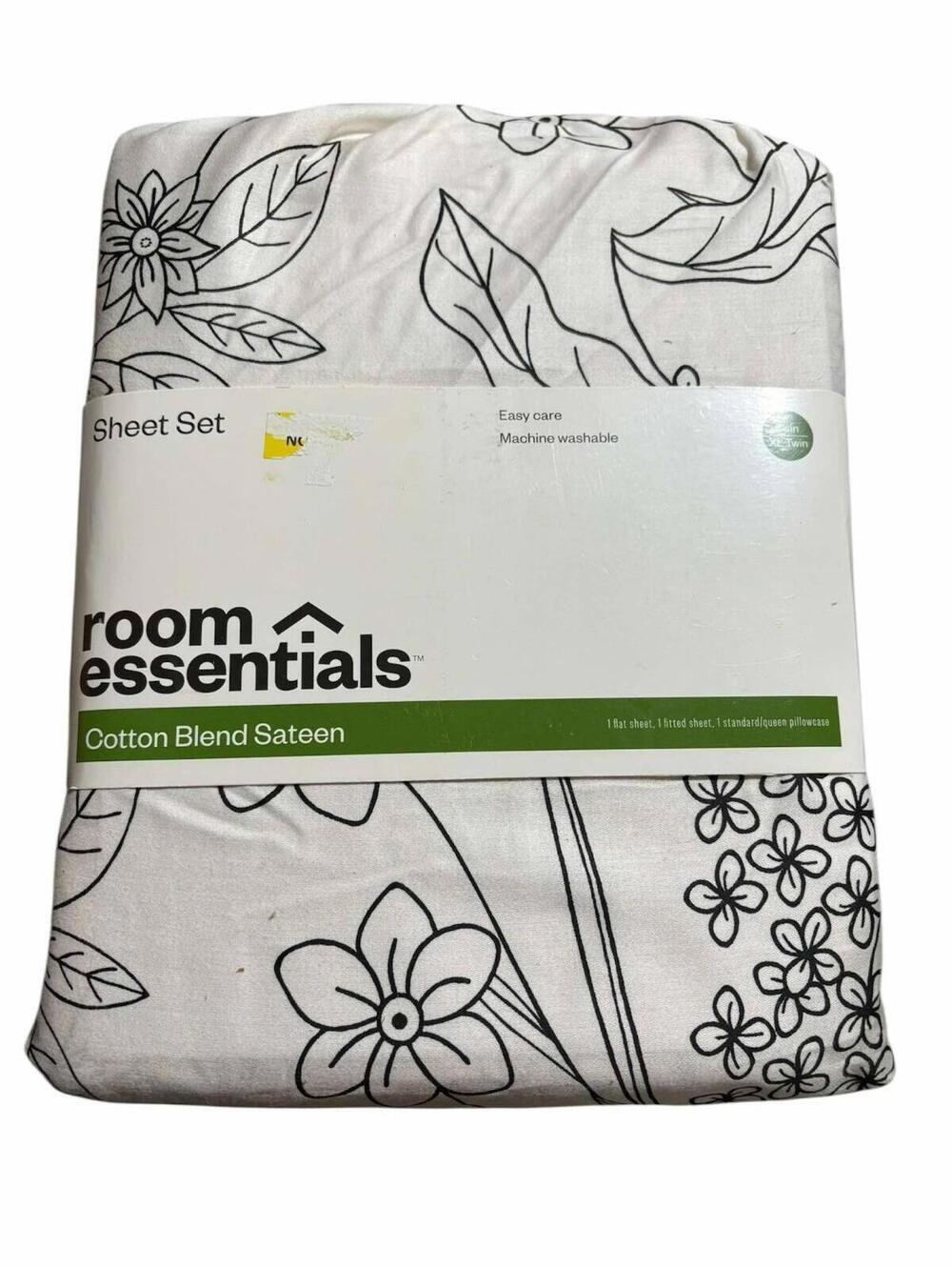TWIN XL, 4pcs, BLACK/WHITE FLOWERS Sheet Set, Cotton/Poly Blend